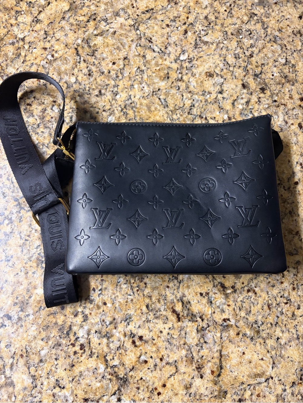 Source Unknown Black Embossed Monogram Crossbody Pouch with Wide Strap